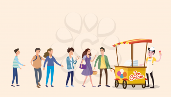 Ice cream seller, cart, outdoor composition, city, with male and female characters, teenagers standing in line for ice cream, urban scene