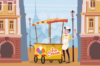 Ice cream vendor, cart, city background, vector illustration cartoon style