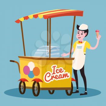 Ice cream vendor, cart, vector illustration cartoon style