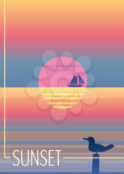 Minimalist sunset in the sea, ocean, with a sailboat and seagulls. Summer holidays
