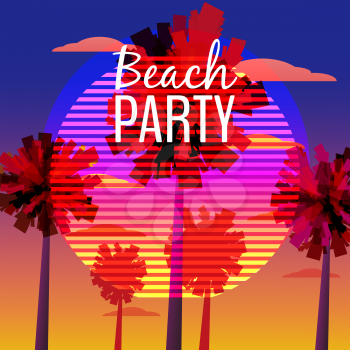 Beach Party Flyer, Baner, Invitation Tropical sunrise at seashore, sea landscape with palms, minimalistic illustration.