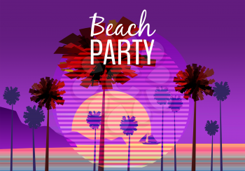 Beach party at seashore, sea landscape with palms, minimalistic illustration. Seascape sunrise or sunset