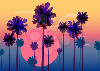 Tropical sunrise at seashore, sea landscape with palms, sailing boat minimalistic illustration. Seascape sunrise or sunset.