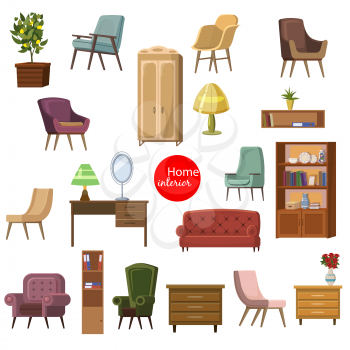 Set of accessories and furniture. Armchairs of different types, sofa, table, shelf, home plant, mirror bookcase, lamp
