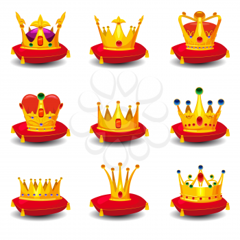 Set golden royal crowns, on red ceremonial pillow with tassels cartoon vector illustrations set isolated