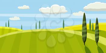 Green landscape with yellow fields. Lovely rural nature. Cute countryside unlimited space. Vector illustration.