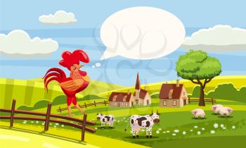 Rural cute farm view, rooster, cow, sheep, cock sitting on a fence, vector, vector illustration isolated
