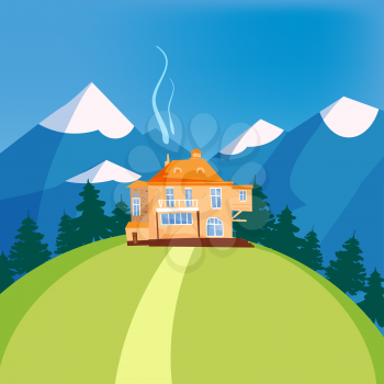 Mountain landscape, house on the mountain, chalet, hotel, vector illustration isolated