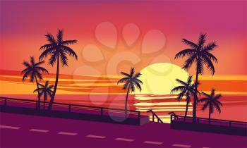 Sunset, ocean, evening, palm trees sea shore vector illustration isolated