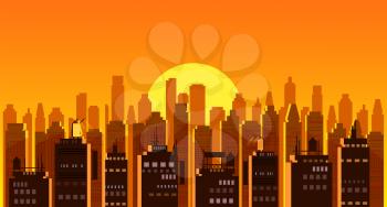 Cityscape sunset. Modern city skyline panoramic vector background