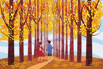 Autumn alley, two guy and girl characters walking along the path in the park, fall, autumn leaves, mood, color