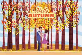 Hello autumn, Autumn alley, couple guy and girl characters meeting in the park, fall, autumn leaves