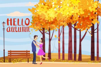Hello autumn, Autumn alley, couple guy and girl characters walking along the path in the park, fall, autumn leaves, mood, lettering