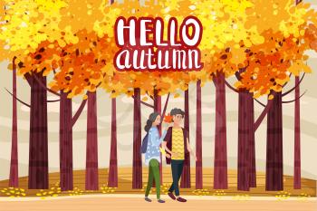 Hello autumn, Autumn alley, couple guy and girl characters walking along the path in the park, fall, autumn leaves
