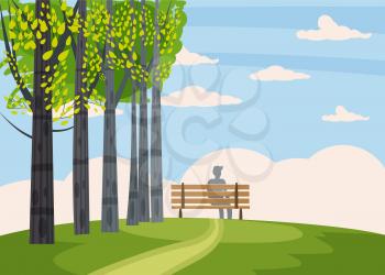 Autumn landscape, trees with yellow leaves, lonely bench for contemplation of autumn nature, vector