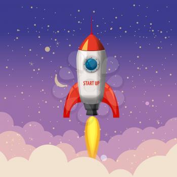 Rocket launch, ship, start up, night, vector, illustration concept of business product on a market
