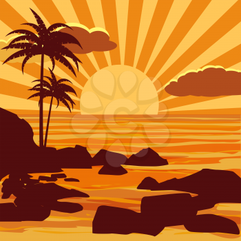 Tropical beautiful sunset, landscape, palms, sea vector cartoon style