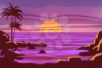 Tropical beautiful sunset, landscape, palms, sea vector cartoon style