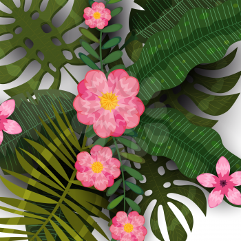 Summer tropical background template of exotic plants and hibiscus flowers