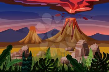 Volcano eruption, background landscape plain, vegetation, stones, vector cartoon style illustration
