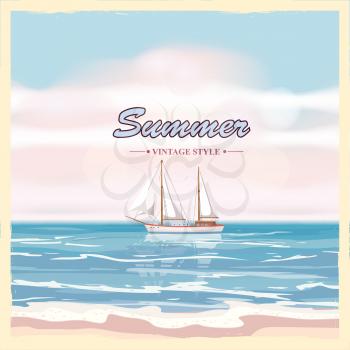 Vintage seaside summer view poster. Seascape, flowers. Vector background