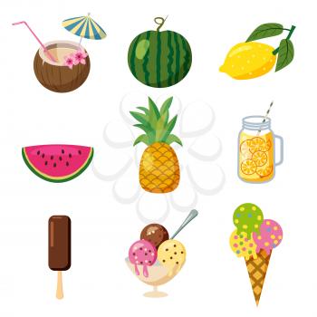 Set of tropical cute summer icons, fruits, ice cream tropical cocktailes