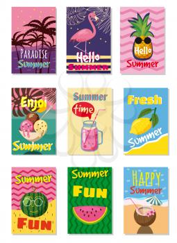 Vector set of bright summer cards. Beautiful summer posters with pineapple, watermelon, lemon, palm leaves and hand written text. Journal cards.