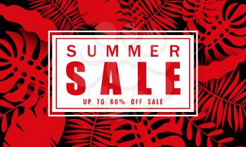 Summer sale banner template with tropical leaves background, color exotic floral design for seasonal sales