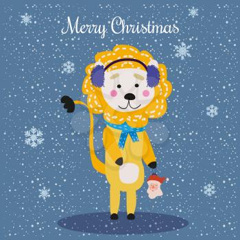 Merry Christmas Cute Lion with scarf, fluffy earmuffs and toy, card. Hand drawn character illustration vector isolated poster