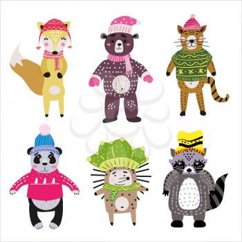 Christmas Animals set cute fox, bear, cat, panda, hedgehog, raccoon. Hand drawn collection characters illustration vector