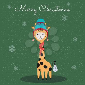 Merry Christmas Cute Giraffe with scarf, hat and toy card. Hand drawn character illustration vector isolated poster