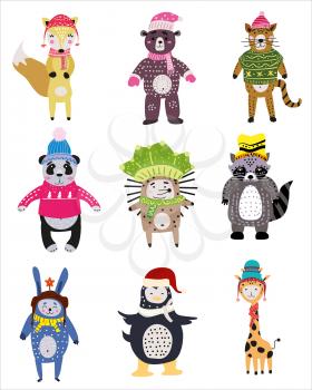 Christmas Animals set cute fox, bear, cat, panda, hedgehog, raccoon, rabbit, penguin, giraffe Hand drawn collection characters illustration vector