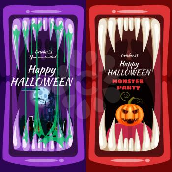 Creepy Halloween party banner scary monster character teeth jaw in mouth closeup spittle