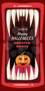 Creepy Happy Halloween party banner scary monster character teeth jaw and tongue in mouth closeup