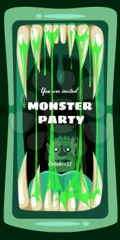Creepy Halloween party banner scary monster character teeth jaw and tongue in mouth closeup