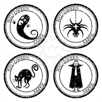 Set Halloween Stamp Postal. Ghost Spider Cat Vampire Silhouette Silhouette Seal. Passport Round Design. Vector Icon. Design Retro Travel.