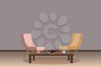 Chairs, tea table, furnitiure, teapot, cups template for interior living room