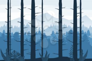 Vector blue landscape with silhouettes of trees in forest