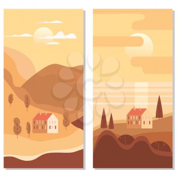 Autumn landscape rural suburban traditional buildings, hills and trees mountains sea sun