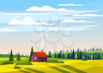 Beautiful countryside summer landscape, valley rural farm house, green hills