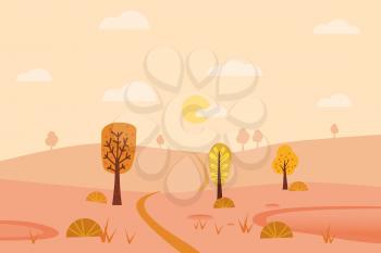 Minimal Autumn landscape panorama of Countryside landscape. Yellow trees foliage, mountains, hills, road