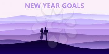 Loving couple silhouette , a man and a woman are looking at the new year goals