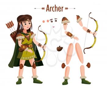 Medieval archer woman in armor, with bow in hand, cloak, attributes. For animation in games, applications