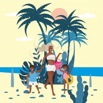 Mother with child girl and boy in bikini with beach bag on background of exotic plants of palm sea