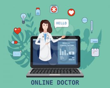 Online doctor women healthcare concept icon set. Doctor videocalling on a laptop
