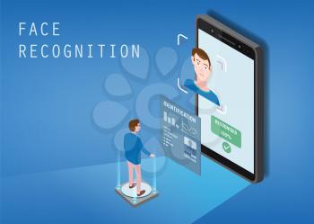 Isometric design. The smartphone scans the face of a person. Biometric identification, male