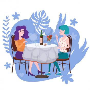 Romantic meeting of two girlfriends in a cafe. Sit drinking vine in chairs, have fun and relaxation