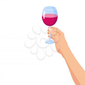 Hand holding a glass of red wine. Template vector illustration
