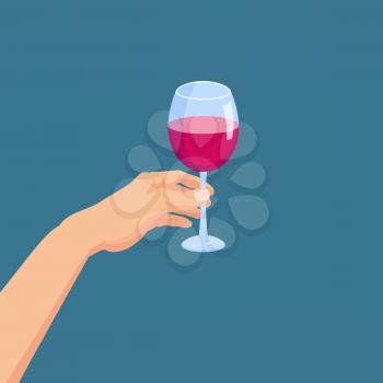 Hand holding a glass of red wine. Template vector illustration