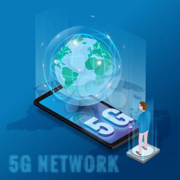 Isometric 5G network wireless technology template. Isometric smartphone with Earth planet